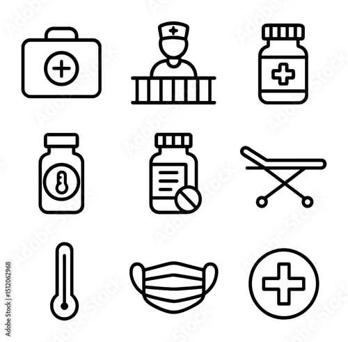 Prison Healthcare Icons. Outline icon set of prison healthcare: medical kit, nurse station, pill bottle, stretcher, thermometer,