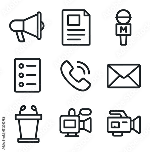 PR Icons Set. Outline icon set of PR and media outreach: megaphone, press release paper, journalist notebook, interview microphone