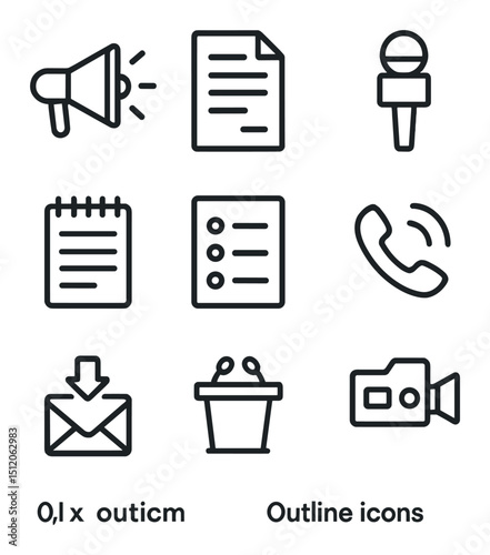 PR Icons Set. Outline icon set of PR and media outreach: megaphone, press release paper, journalist notebook, interview microphone