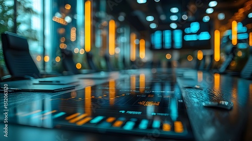 Business executives reviewing market performance on an interactive digital table