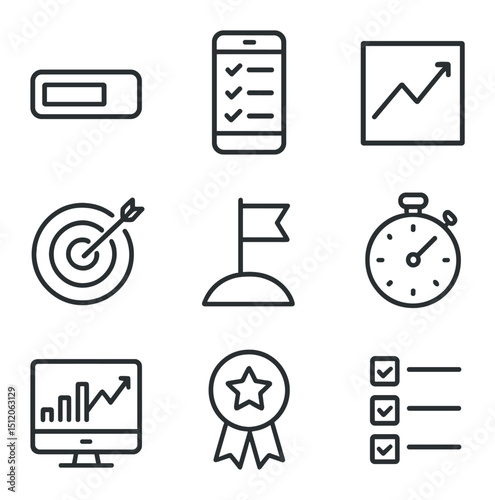 Productivity Tracker Icons. Outline icon set of productivity trackers: progress bar, habit tracker app, performance graph, goal