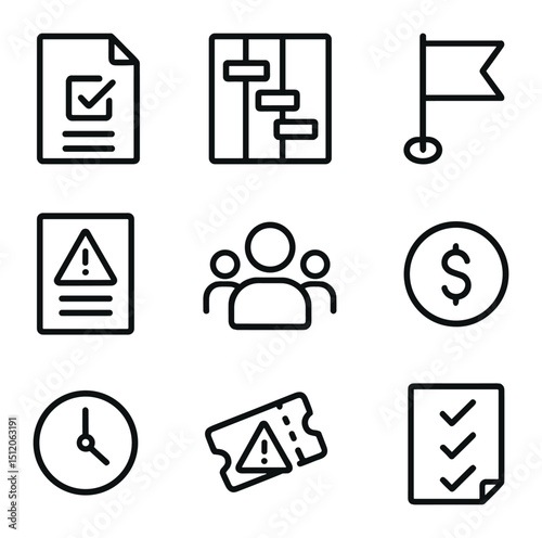 Project Risk Icons. Outline icon set of project risk management: project plan document, Gantt chart, milestone flag, risk register