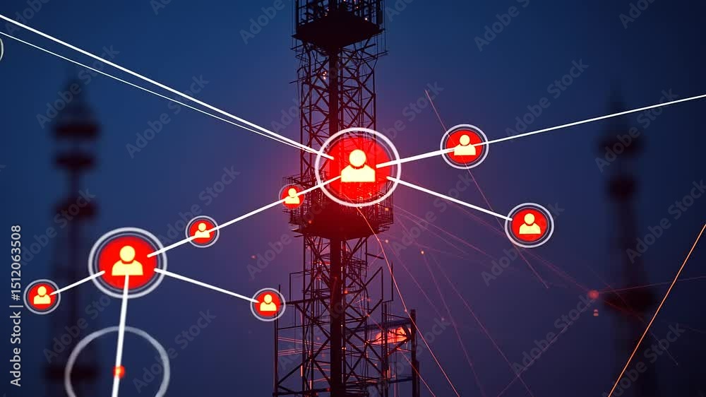 Communication network visualization with connections around a tower symbolizing data exchange