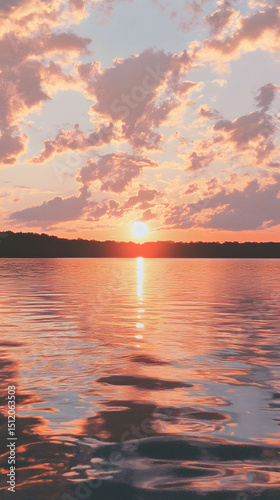 Peaceful Sunset Over Calm Water With Orange And Pink Clouds