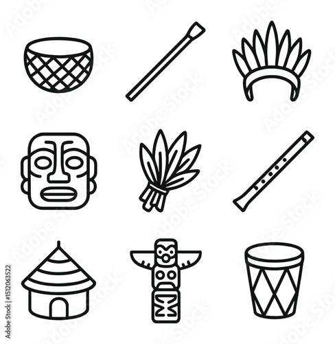 Rainforest Culture Icons. Outline icon set of indigenous rainforest cultures: woven basket, blowgun, feather headdress, ceremonial