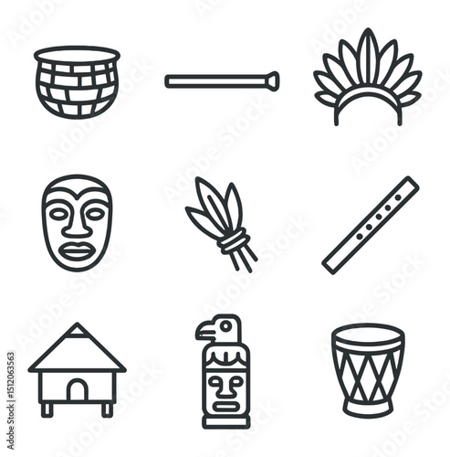 Rainforest Culture Icons. Outline icon set of indigenous rainforest cultures: woven basket, blowgun, feather headdress, ceremonial