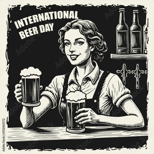 Black and white vector illustration of a female bartender serving two beer mugs at the bar counter. Perfect for Oktoberfest and International Beer Day themed designs. Clean flat silhouette style.