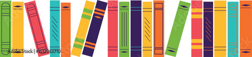 Children's literature. Row of colorful books. Vector isolated design element.