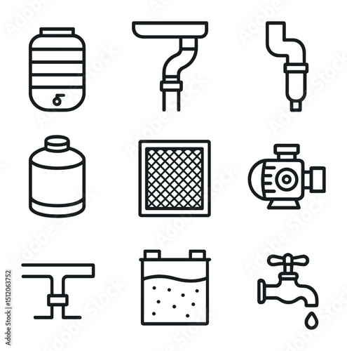 Rainwater Harvesting Icons. Outline icon set of rainwater harvesting systems: rain barrel tank, gutter diverter, first-flush