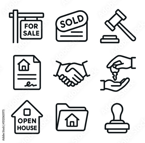 Real Estate Icon Set. Outline icon set of real estate transactions: for sale sign, sold sticker, auction gavel, contract document,