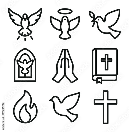 Religious Dove Icons. Outline icon set of religious dove motifs: Holy Spirit descending, halo, olive branch, church window, prayer