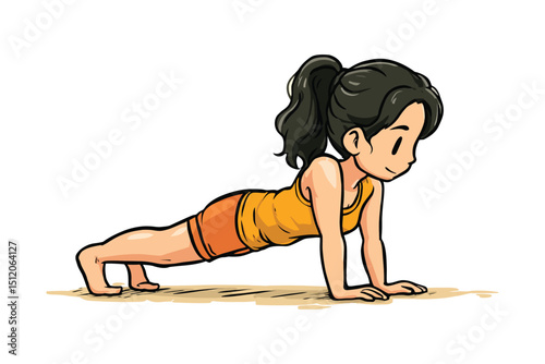 Cartoon woman demonstrating the plank pose for strength and core engagement exercise