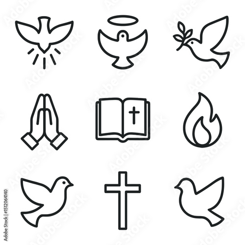 Religious Dove Icons. Outline icon set of religious dove motifs: Holy Spirit descending, halo, olive branch, church window, prayer