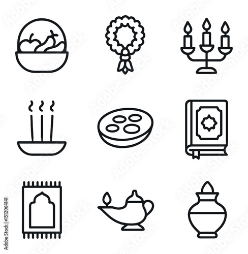 Religious Offering Icons. Outline icon set of religious offerings: fruit basket, flower garland, candle holder, incense sticks,