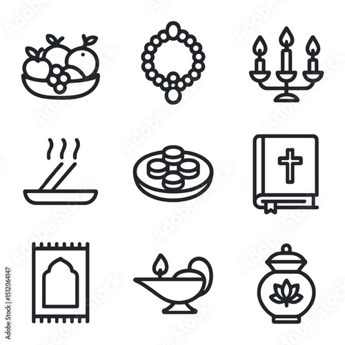 Religious Offering Icons. Outline icon set of religious offerings: fruit basket, flower garland, candle holder, incense sticks,