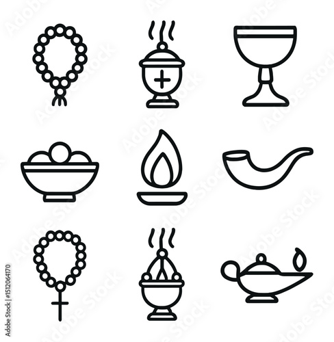 Religious Ritual Icons. Outline icon set of Religious ritual objects: prayer beads, incense burner, chalice, offering bowl, sacred
