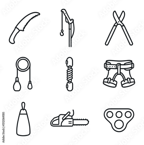 Arborist Tools Icons. Outline icon set of arborist toolset: pruning saw, pole pruner, lopper, rope lanyard, shock absorber, saddle
