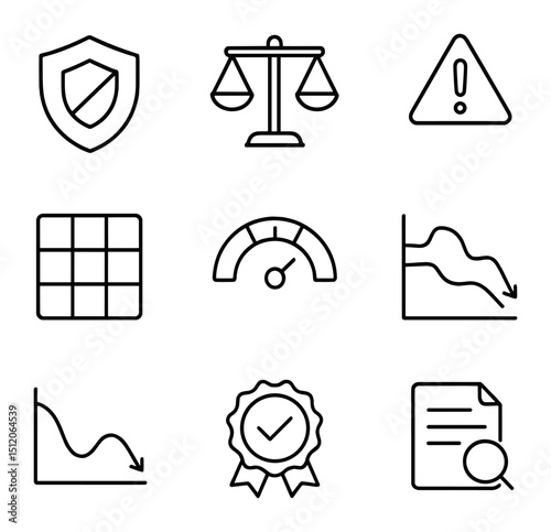 Risk Management Icons. Outline icon set of risk management tools: stop-loss shield, risk-reward scale, margin call alert,