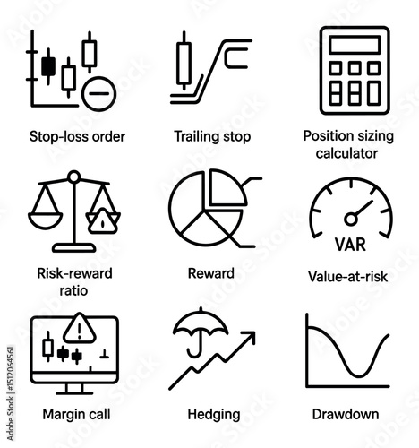 Risk Management Icons. Outline icon set of risk management tools: stop-loss order, trailing stop, position sizing calculator, risk
