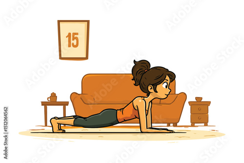 Cartoon illustration of a woman doing plank exercise at home in the living room