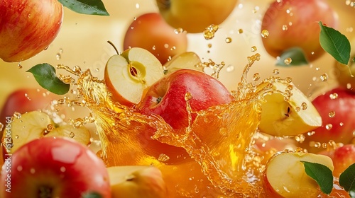 A dynamic splash of fresh apple juice surrounds whole and sliced apples with green leaves floating
