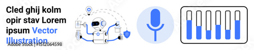 Robotic assistant communicating via microphone, surrounded by icons and a sound control panel. Ideal for AI, voice recognition, automation, communication, IoT, technology, simple landing page