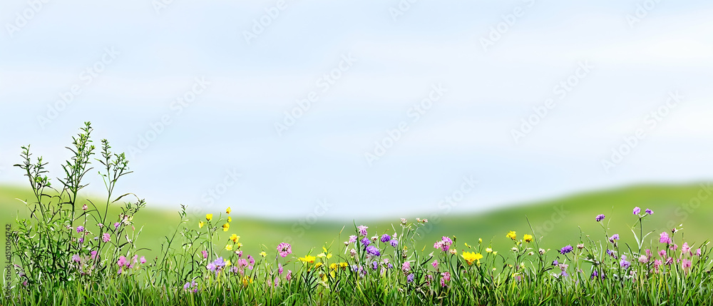 Obraz premium Colorful Wildflowers In A Meadow Under A Light Blue Sky