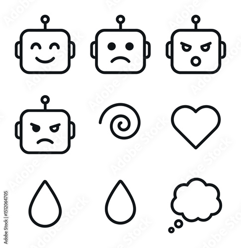 Robot Emotions Icons. Outline icon set of robot emotions: happy face, sad face, surprised expression, angry eye, confused swirl,