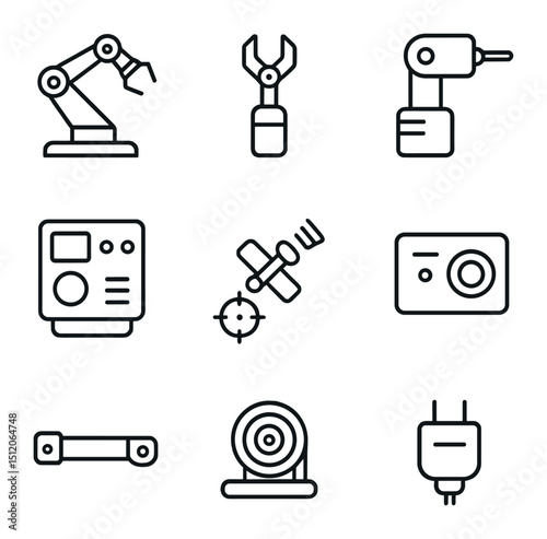 Robotic Arm Icon Set. Outline icon set of robotic arm capture systems: robotic arm, end effector, joint motor, control panel,