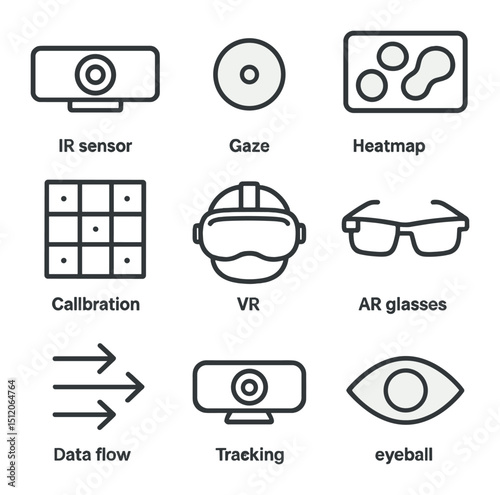 Eye-Tracking Icon Set. Outline icon set of eye-tracking technology: IR sensor camera, gaze point dot, heatmap overlay, calibration