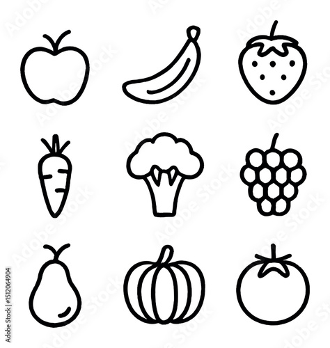 Fruit and Veggie Icons. Outline icon set of fruit and veggie crayon sketches: apple, banana, strawberry, carrot, broccoli, grapes