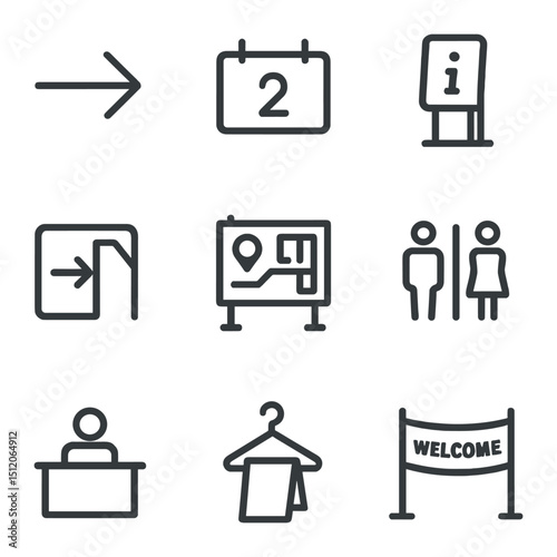 Gallery Signage Icons. Outline icon set of gallery signage and wayfinding: directional arrow, room number sign, info kiosk, map