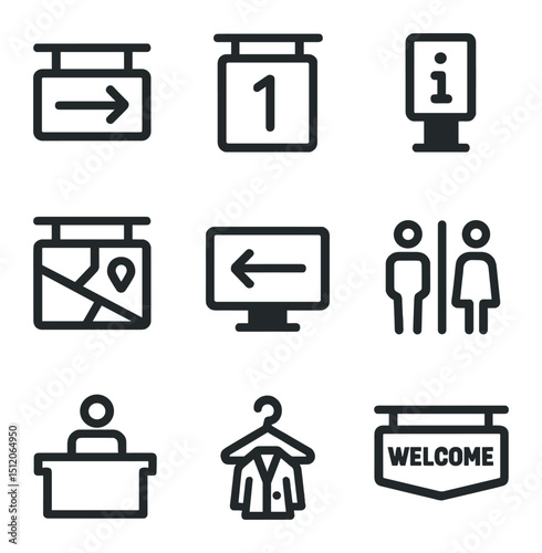 Gallery Signage Icons. Outline icon set of gallery signage and wayfinding: directional arrow, room number sign, info kiosk, map