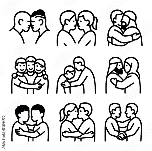 Global Hug Icons. Outline icon set of cultural hug traditions: Maori hongi greeting, cheek kiss pair, European abrazo, Latin