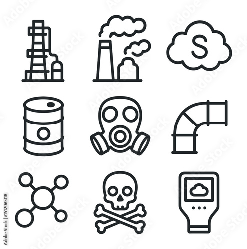 Industrial Smog Icons. Outline icon set of industrial smog haze: refinery tower, smokestack, sulfur cloud, chemical drum, gas mask