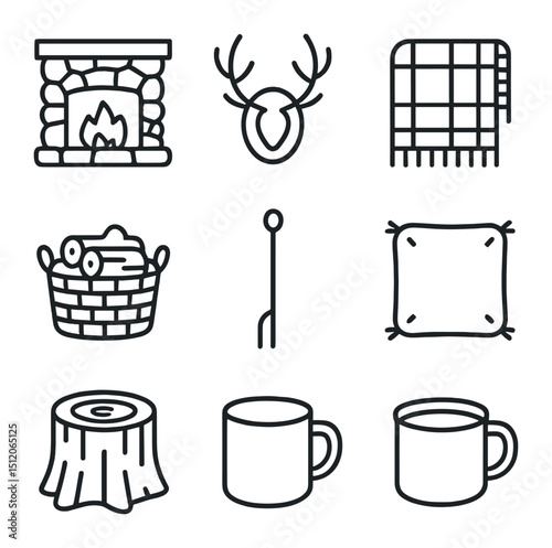 Rustic Cabin Icons. Outline icon set of rustic cabin fireplace: stone hearth, wooden beam mantel, antler mount, plaid throw, log