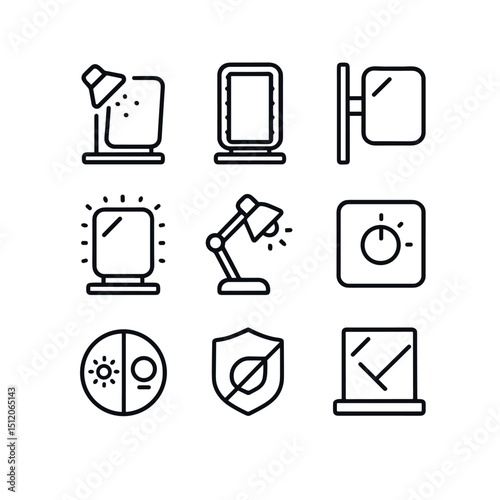Lighting Icon Set. Outline icon set of mirror and lighting setups: soft spotlight, LED strip, side mirror, backlit frame,