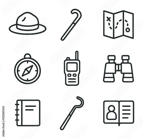 Safari Ranger Tools. Outline icon set of safari ranger and guide tools: ranger hat, walking stick, map, compass, radio handset,