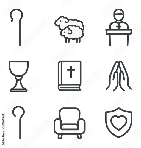 Pastoral Icons Set. Outline icon set of pastoral theology: shepherd’s staff, flock of sheep, pastor pulpit, communion cup,