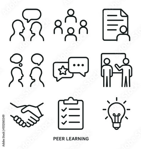 Peer Learning Icons. Outline icon set of peer learning: two silhouettes talking, group study circle, shared document, thought