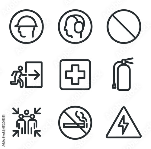 Safety Icons Set. Outline icon set of safety instruction banners: hard hat required icon, ear protection, no entry sign, emergency