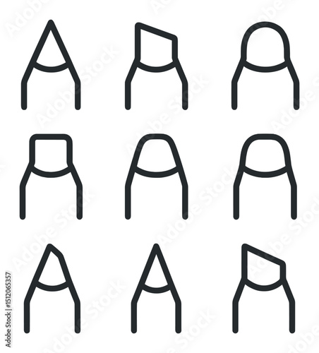 Pencil Tip Icon Set. Outline icon set of pencil tip shapes: sharp point, chisel edge, rounded tip, broad tip, wedge tip, stubby