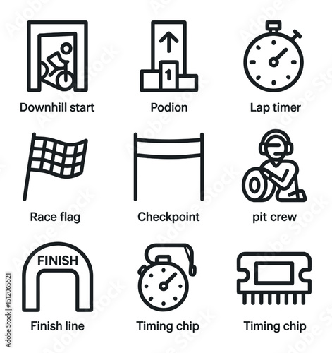 Race Event Icons. Outline icon set of race events: downhill start gate, enduro stage marker, podium trophy, lap timer, race flag,