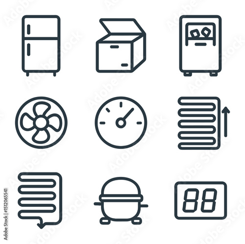 Refrigeration Equipment Icons. Outline icon set of refrigeration equipment: refrigerator, freezer chest, ice maker, cooling fan,