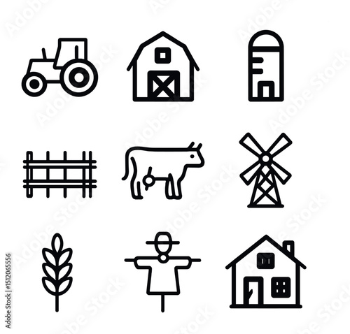 Rural Farmland Icons. Outline icon set of rural farmland: tractor, barn, silo, fence, cow, windmill, wheat stalk, scarecrow,