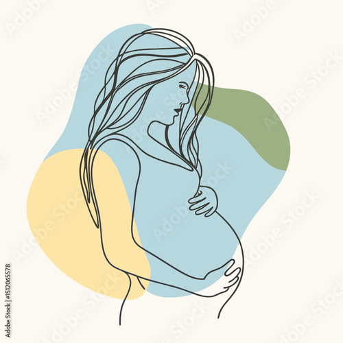 Elegant Line Art of Pregnant Woman Embracing Her Baby Bump with Pastel Shapes