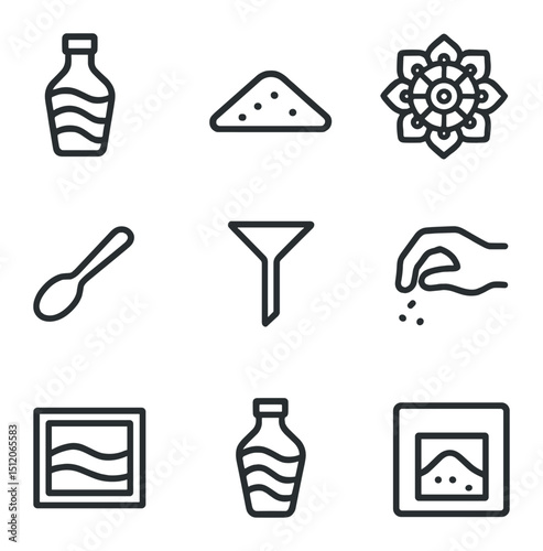Sand Art Icons. Outline icon set of sand art: sand painting bottle, colored sand pile, mandala design, spoon tool, funnel, artist