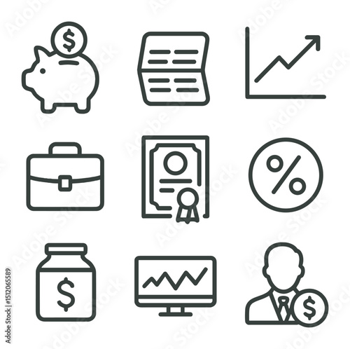 Savings and Investments Icons. Outline icon set of savings and investments: piggy bank, savings account passbook, investment chart