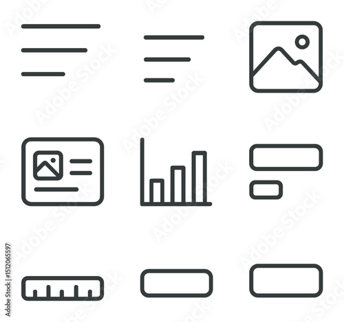 Scale Icon Set. Outline icon set of size and scale emphasis: large title, medium subtitle, small body text, icon scale, image