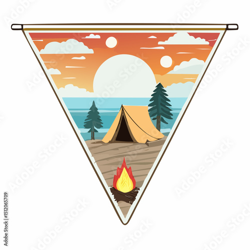 Wild Life Pennant – Tent and Campfire at Sunset Vector
